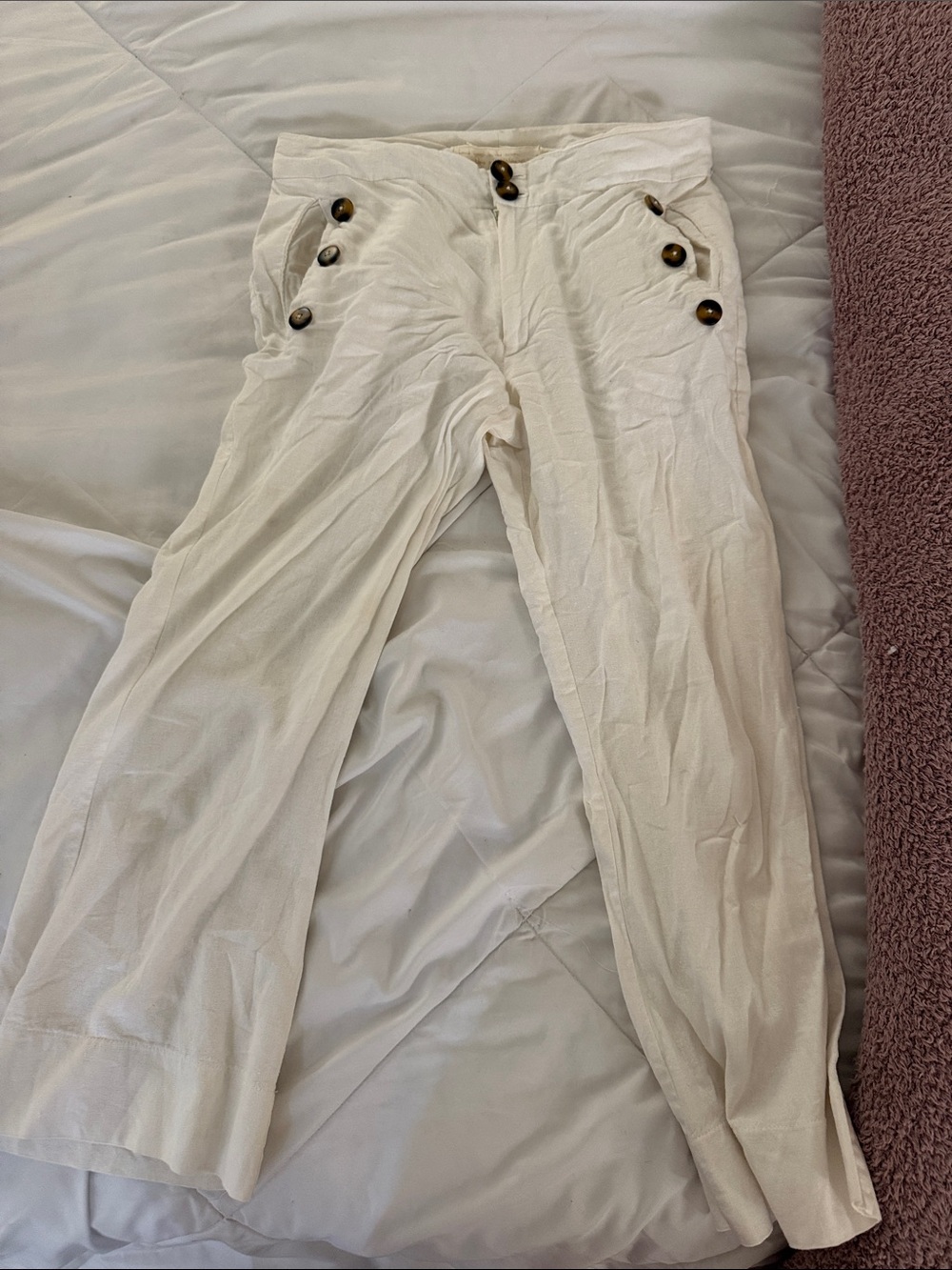 Jen's Pirate Booty Cream Wide-Leg Pants with Button Detail